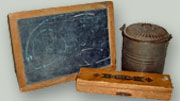 School supplies: Slate, lunch pail and wooden pencil case